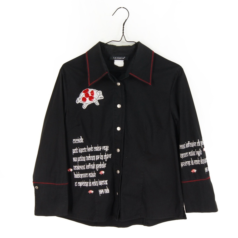 Vintage 90s Y2K Le Copine Black Embroidered Text Graphic Grunge Blouse Top